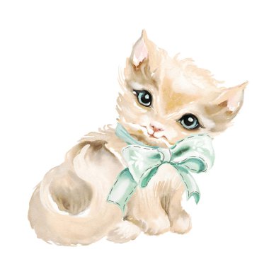 Mavi gözlü sevimli suluboya kedi ve beyaz arka planda bağlı yay