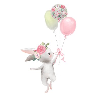 Çiçek çelenk ve beyaz balon ile sevimli tavşan