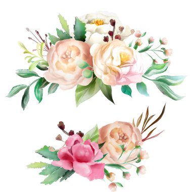 Güzel suluboya çiçek kaprisli çiçekler pembe Gül ve kremsi peonies aranjman beyaz izole düğün