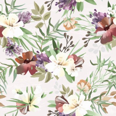 Güzel, vintage yağ dokulu orman, ormanlık yabani çiçekler, altın glitter ile çiçek dikişsiz desen, grunge doku