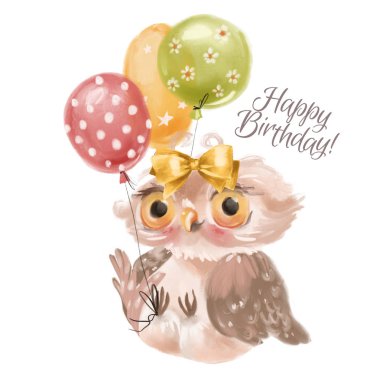 Beyaz arka plan üzerinde bağlı yay ve balonlar ile baykuş ile sevimli el çizilmiş doğum günü kartı