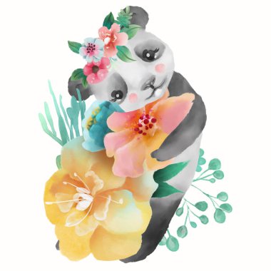 Beyaz arka planda izole çiçekler ile çiçek çelenk sevimli panda ayı