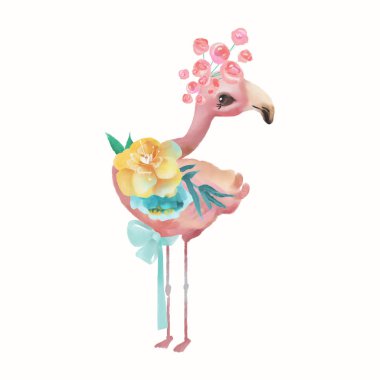 Beyaz arka planda çiçekler ile el çizilmiş Pembe Flamingo kuş