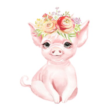 Çiçek, çiçek buketi, çelenk ile sevimli suluboya piglet