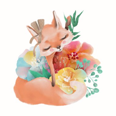 Beyaz arka planda çiçekler üzerinde el çizilmiş uyuyan tilki
