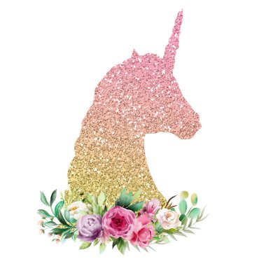 Güzel renkli tek boynuzlu at siluet gökkuşağı renkleri parlak altın glitter ve suluboya çiçek buketi