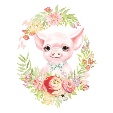 Bağlı yay ve çiçek, çiçek buketi, çelenk ile Sevimli suluboya piglet