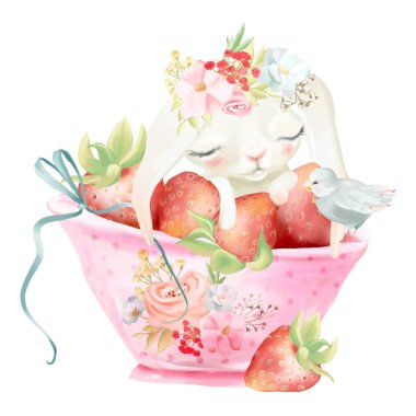 Kase çilek, küçük kuş ve bağlı yayla çiçek çelenk ile sevimli beyaz tavşan