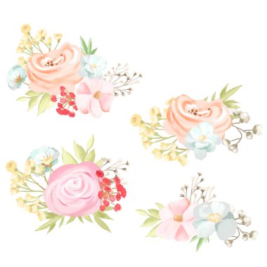 Güzel ve narin pembe ve mavi çiçekler, çiçek buketleri, çelenk beyaz arka plan izole