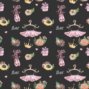 Suluboya bale dikişsiz, bale elbiseleri, ayakkabı, taçlar, hediye kutuları ve koyu arka plan üzerinde çiçekler ile karodijital desen