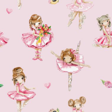 Çiçekler ve kalpler ile pembe arka plan üzerinde suluboya balerinler dikişsiz, çini desen