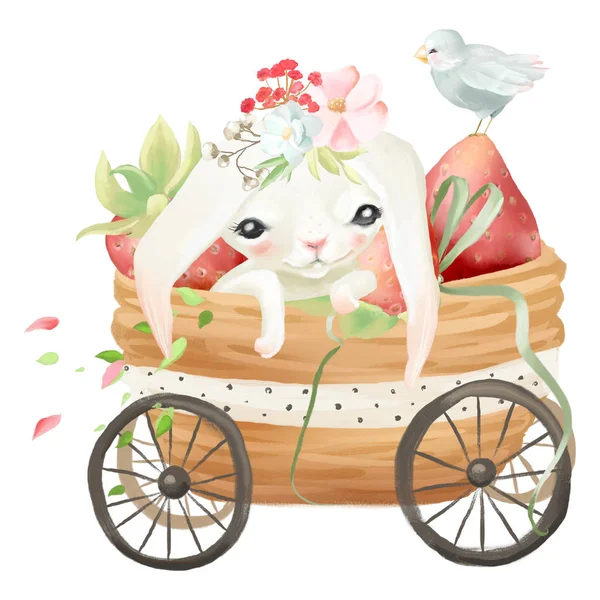 Симпатичный Белый Зайчик Цветочным Венком Маленькая Симпатичная Птичка Соломенном Одеяле — стоковое фото