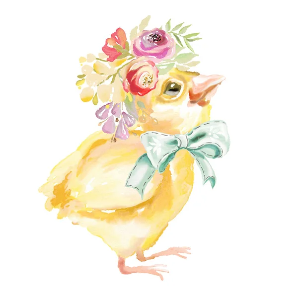 Γλυκό Κοτόπουλο Υδατογραφία Floral Λουλούδια Στεφάνι Μπουκέτο Και Δεμένη Τόξο — Φωτογραφία Αρχείου