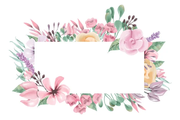 Krásný Květinové Rám Prostorem Pro Kopírování Bílém Pozadí — Stock fotografie