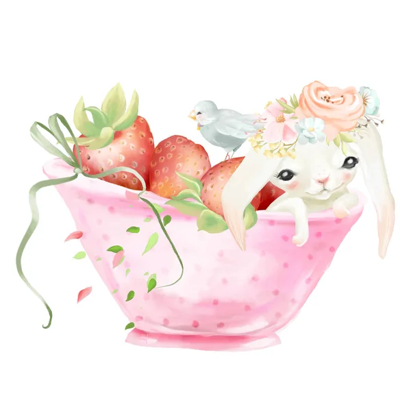 Cute white bunny with flowers in bowl with strawberries and little bird