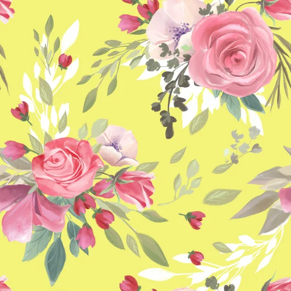 黄色の背景に水彩ピンクのバラの花と美しい トレンディな シームレスな タイル可能なパターン — ストック写真