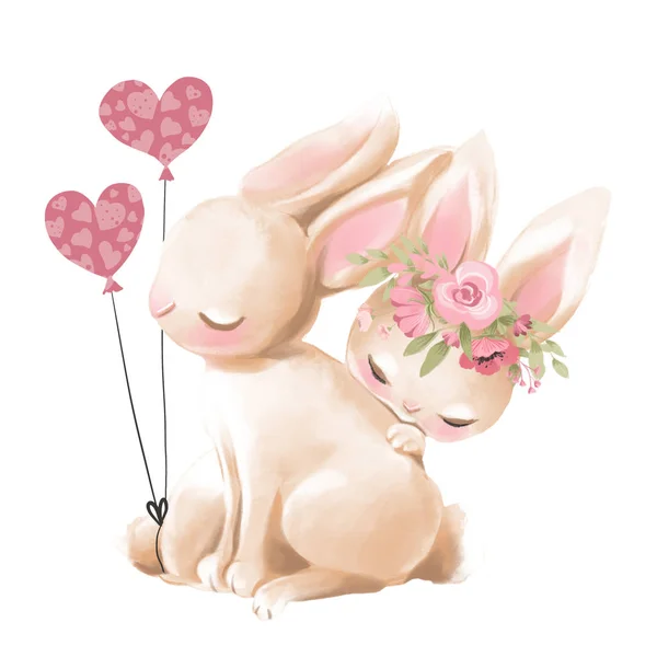 Χαριτωμένο Bunnies Ακουαρέλα Αγκάλιασμα Λουλούδια Και Καρδιές Λευκό Φόντο — Φωτογραφία Αρχείου
