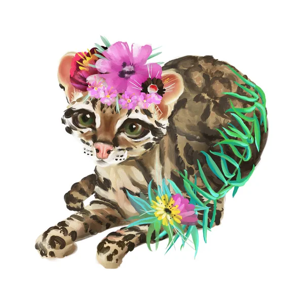 Søt Ocelot Katt Med Blomsterkrone Blomster Isolert Hvit Bakgrunn – stockfoto