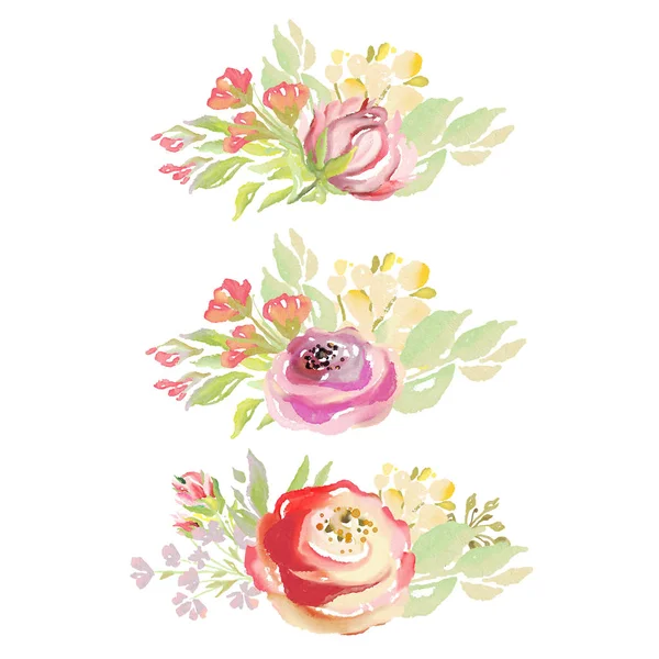 Gyönyörű Akvarell Virágok Csokrok Készlet — Stock Fotó