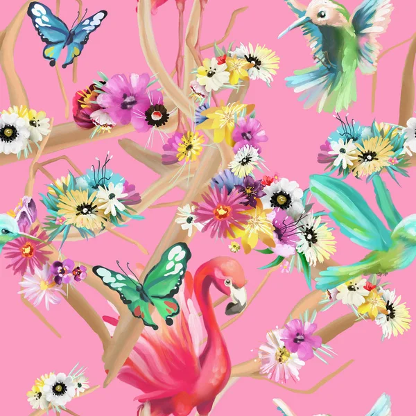 Ručně Malovaný Plameňák Kolibptáci Motýli Květiny Letní Vzorek Růžovém Pozadí — Stock fotografie
