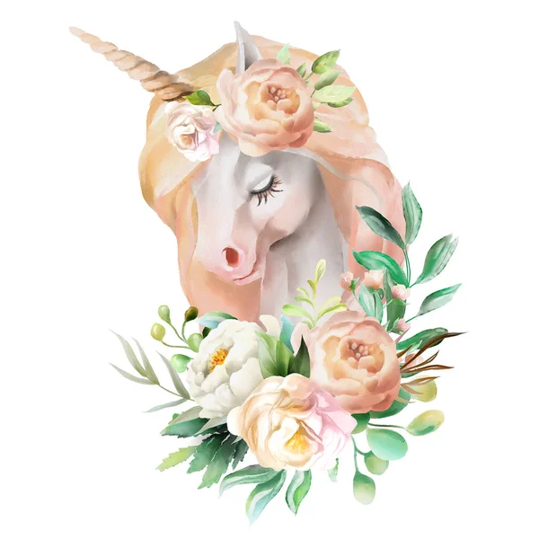 Hermoso Lindo Retrato Unicornio Acuarela Con Flores Aisladas Sobre Fondo —  Fotos de Stock