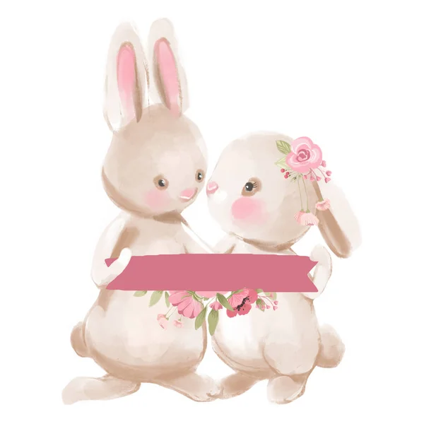 Милые Кролики Акварели Держат Рамку Белом Фоне — стоковое фото
