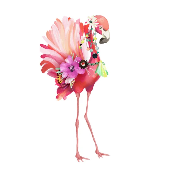 Śliczne Piękne Różowe Flamingi Ptak Ozdobą Pióra Boho Kwiatowy Bukiet — Zdjęcie stockowe