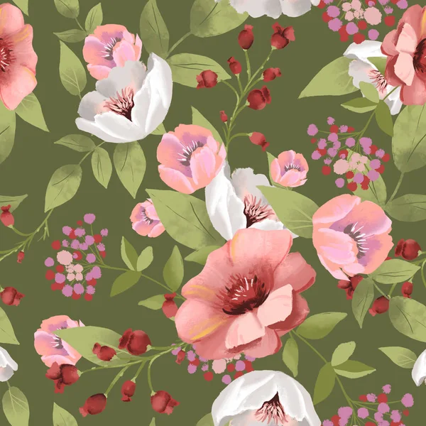 Yeşil Arka Planda Suluboya Çiçekler Ile Güzel Dikişsiz Tileable Desen — Stok fotoğraf