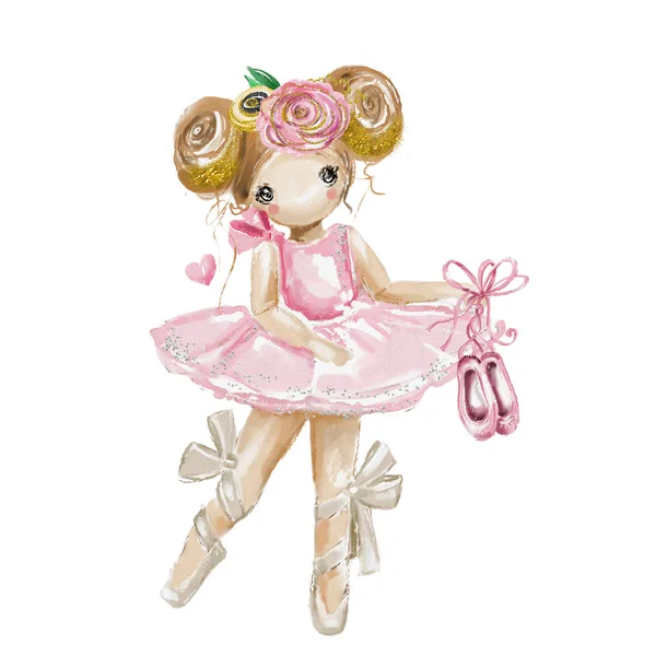 Cute Girl Akwarela Baletnica Księżniczka Kwiatami Wiązanej Łuk Złote Brokat — Zdjęcie stockowe