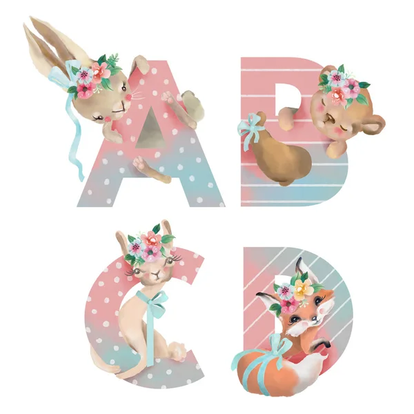 Cute alphabet letters in pastel colors with fairytale forest animals and flowers on white background