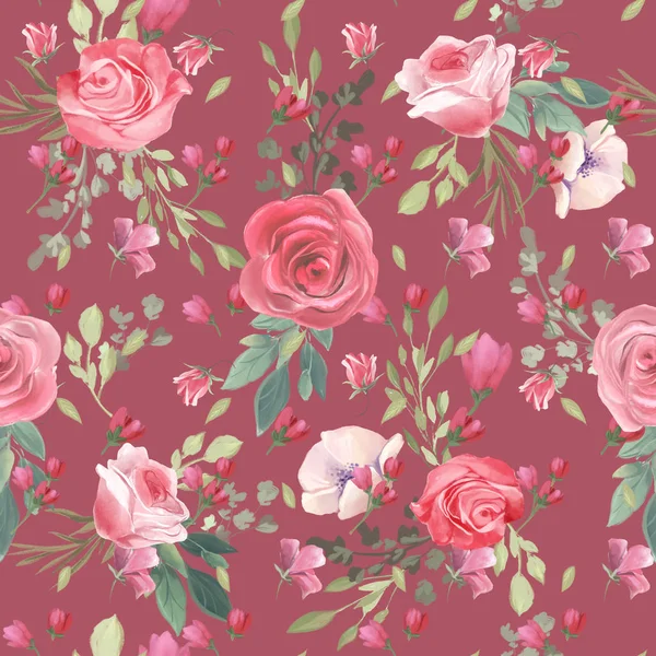Beautiful Trendy Seamless Tileable Pattern Watercolor Pink Roses Blossom Red — Stock Photo, Image