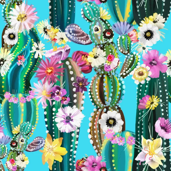 Ručně Malované Kvetoucí Kaktusy Sukulenty Barevné Bezešvé Vzory — Stock fotografie