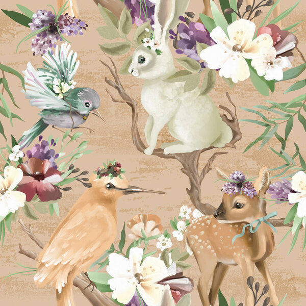 Vintage enchanted forest animals and birds with flowers, old wood branches and bows seamless, tileable pattern.