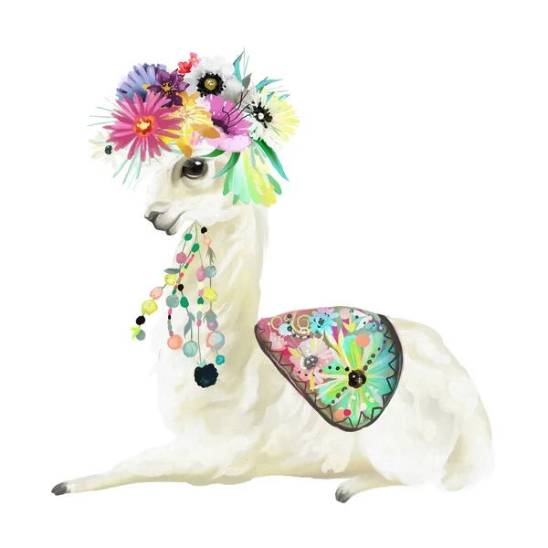 Linda Llama Mexicana Pintada Mano Con Manta Étnica Corona Flores — Foto de Stock