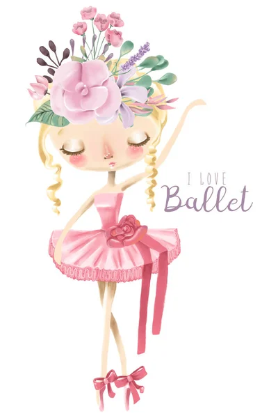 Vintage Illustration Cute Ballerina Girl Flowers Bow White Background — Stock Photo, Image