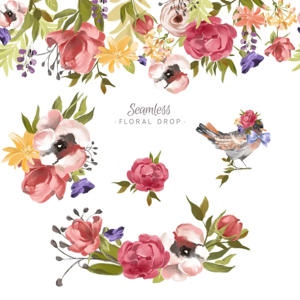 白い背景にかわいい小鳥と美しいシームレスなタイル可能な手描きの花の要素 — ストック写真
