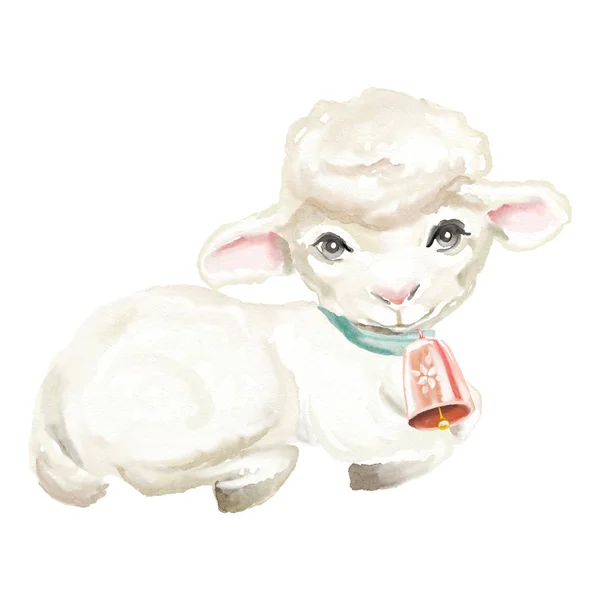 可爱的水彩羊肉与钟隔离在白色背景 — 图库照片