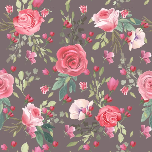 Beautiful Trendy Seamless Tileable Pattern Watercolor Pink Roses Blossom Grey — Stock Photo, Image