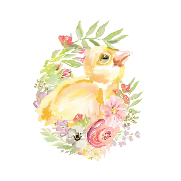 Söt Akvarell Kyckling Blommig Fält Blommor Krans — Stockfoto