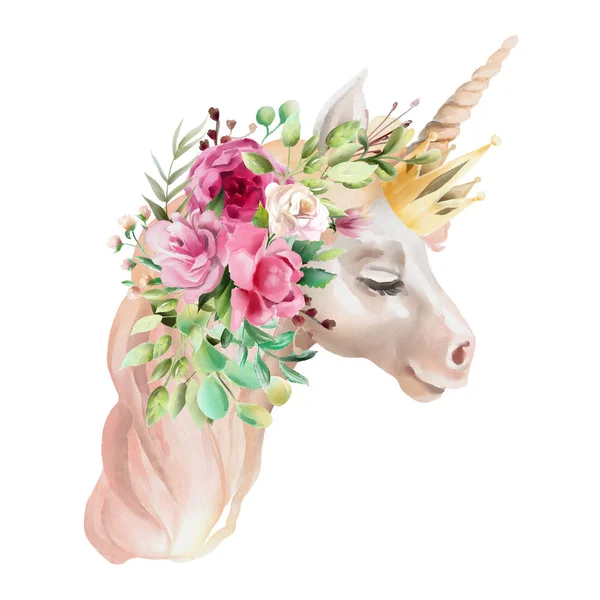 Hermoso Lindo Retrato Unicornio Acuarela Con Flores Con Corona Aislada —  Fotos de Stock