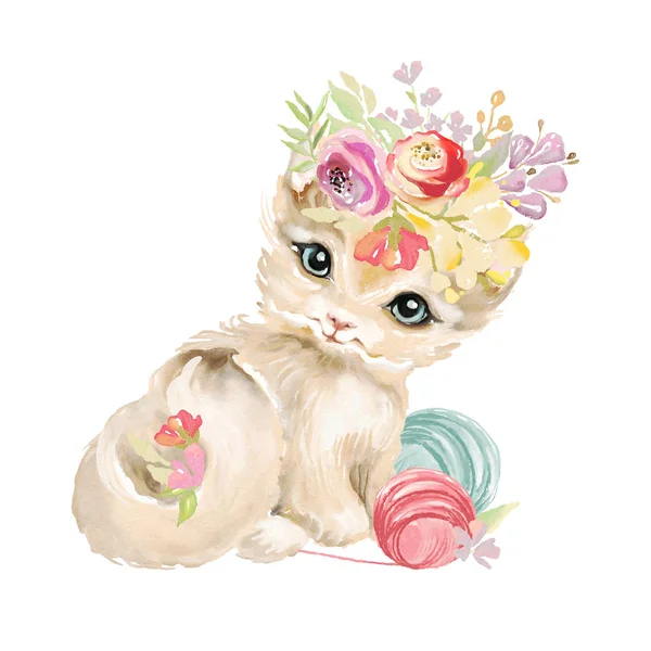 Cute watercolor kitten with floral, flowers bouquet, wreath and yarn balls