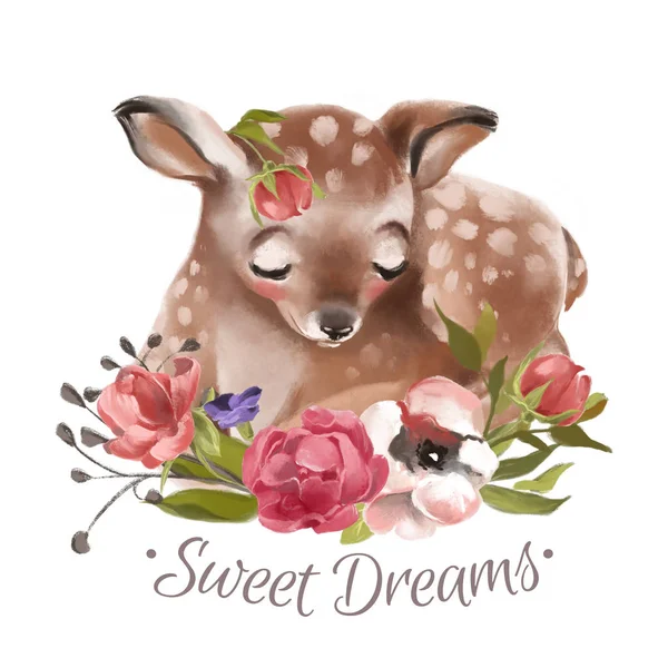 Niedlich Handgezeichnet Träumenden Hirsch Mit Blumen Und Zeichen Süße Träume — Stockfoto