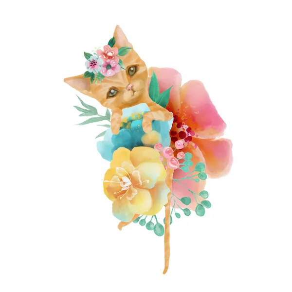 Handritad Kattunge Och Akvarell Blommor Vit Bakgrund — Stockfoto