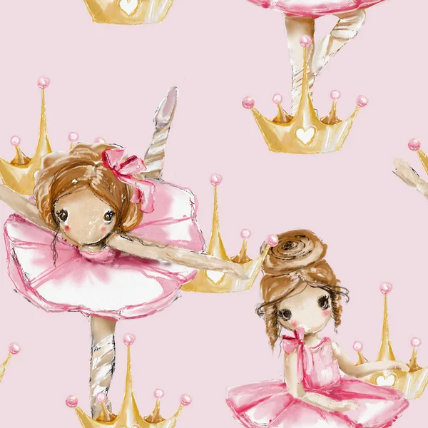 Акварельні Балерини Безшовний Кахельний Візерунок Рожевому Тлі Квітами Бантами Коронами — стокове фото