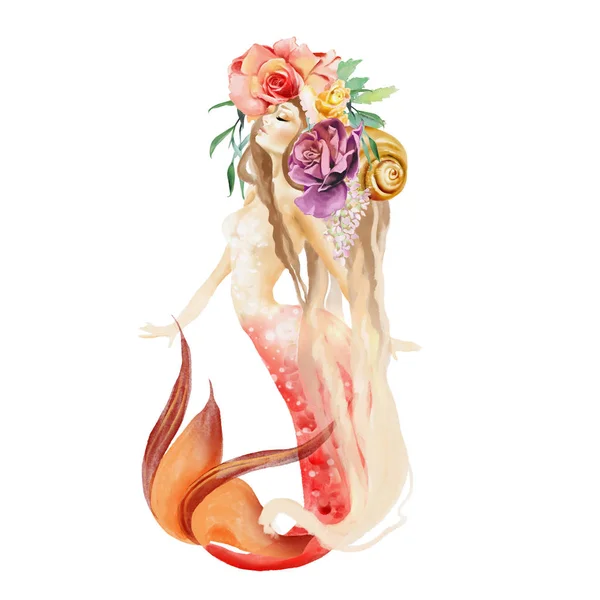 Schöne Aquarell Meerjungfrau Und Blumen Blumenstrauß Auf Weißem Hintergrund — Stockfoto