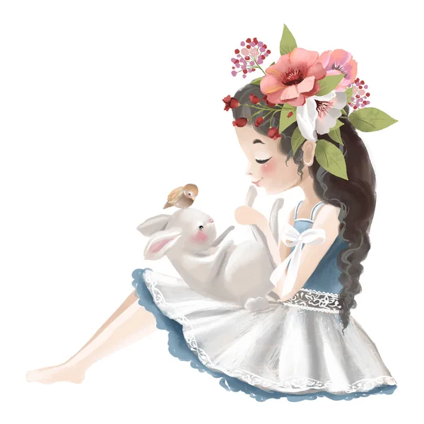 花の花輪とウサギと鳥のかわいい女の子 — ストック写真