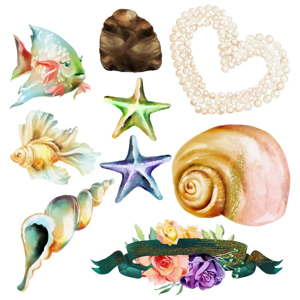 Beautiful watercolor sea design elements set with fishes, starfishes, seashells, ribbon with flowers, pearls and stone