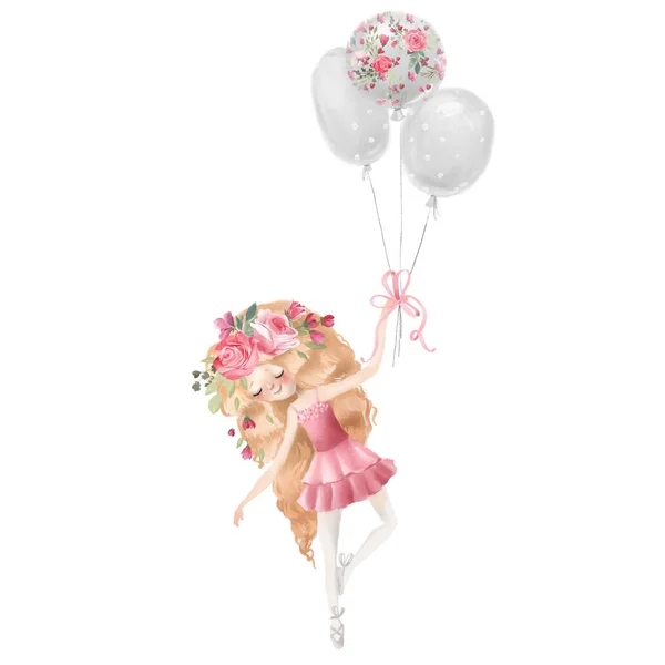 Mignonne Fille Ballerine Avec Couronne Florale Volant Avec Des Ballons — Photo