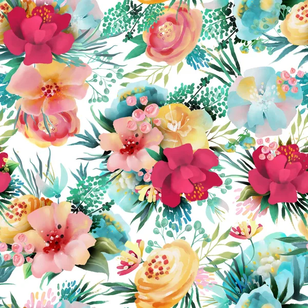 Beautiful Vintage Wild Flowers Floral Seamless Pattern White Background — Stock Photo, Image