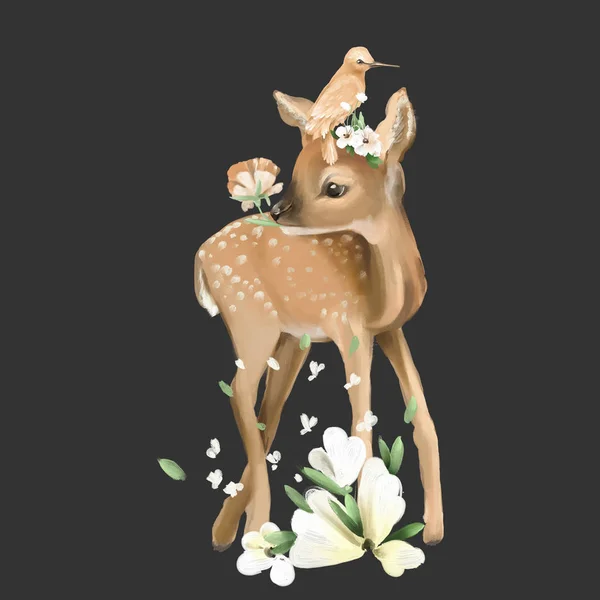 Cute Oil Textured Deer Bird Floral Wreath Flowers Bouquet — Stock Photo, Image